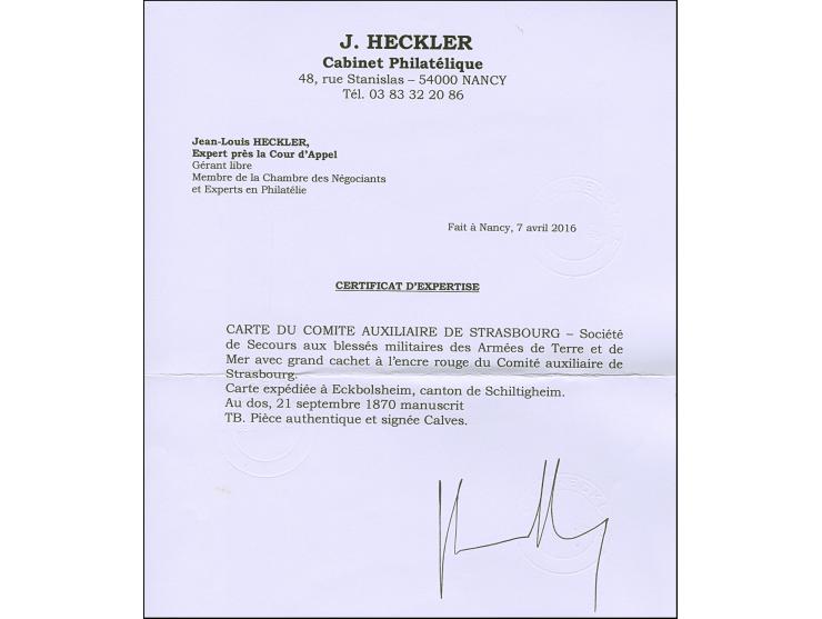 FRANCO-PRUSSIAN WAR: “COMITÉ AUXILIAIRE DE STRASBOURG” Private formula card addressed to Eckbolsheim with large red ornamente