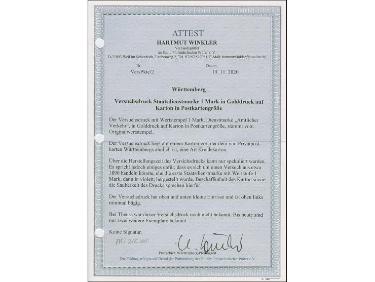 1890, Versuchsdruck 1 Mk. goldfarben, links oben auf Karton in Postkartengröße, ungebraucht. Leichte Knitterspuren und oben k