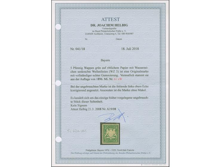 1890, Wappen 5 Pfg. grün auf rötlichem Papier mit Wasserzeichen 'senkrechte Wellenlinien' der Ausgabe 1881, ungebraucht. Der 
