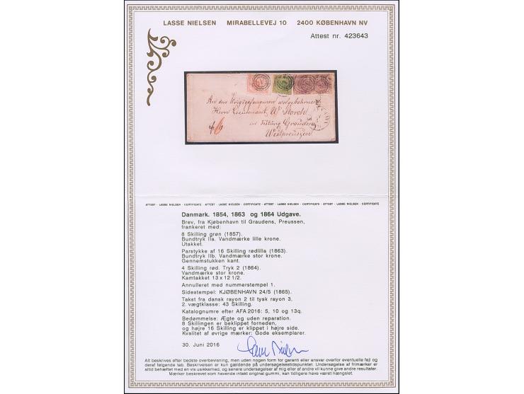 1863, 16 sk. lilac in horizontal pair, with 1857, 8 sk. green and 1864, oval issue 4 sk. red, tied by no. "1" with adjacent c