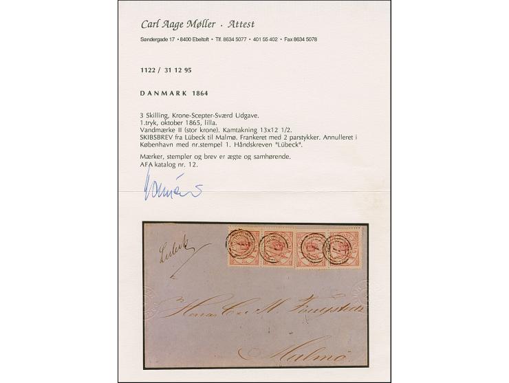 3 sk. lilac, two horizontal pairs, used on ship letter with manuscript indication of origin "Lübeck", the franking cancelled 