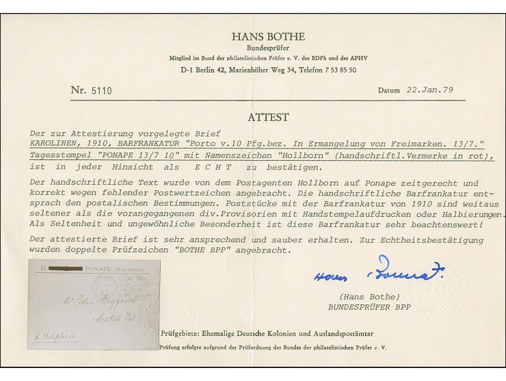 1910, Barfrankatur “Porto v. 10 Pfg. 10 Pfg. bez. in Ermangelung von Freimarken. 13.7. Hollborn (Namenszeichen des Postagente
