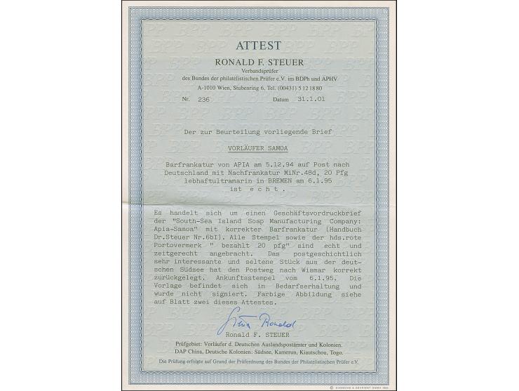 1890, Krone/Adler 20 Pfg. violettultramarin mit nachträglicher Entwertung “BREMEN 6.1.89” auf Vordruckbrief “South-Sea Island