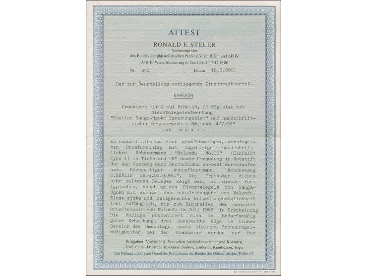 “Molundu 4/5/06” handschriftlicher Vermerk und Dienstsiegel “Sanga-Ngoko” auf zwei Einzelmarken Kaiseryacht 20 Pfg. auf langf