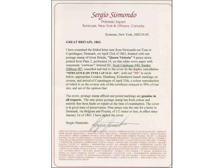 1862/64, 9 d. straw, tied by duplex "545/NEWCASTLE-ON-TYNE AP 23 63" to entire letter, endorsed "via Osend" and with Hamburge