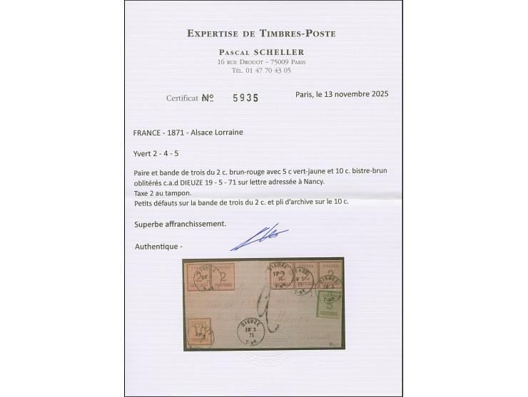 2 C. rotbraun im waagerechten 3er-Streifen und Paar, sowie 5 C. grün und 10 C. ocker braun, farbfrisch, sauber entwertet durc