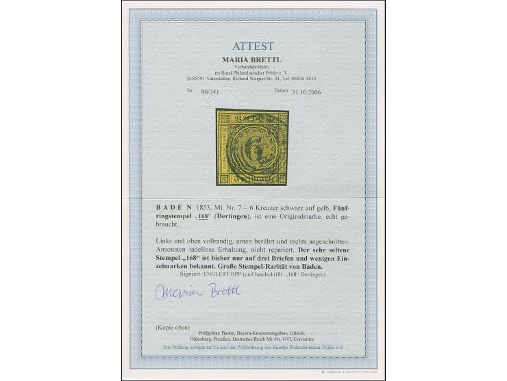 "168" DERTINGEN, fast vollständig und gut lesbar auf teils angeschnittener 6 Kr. auf gelb, sonst einwandfrei. Der seltensten 