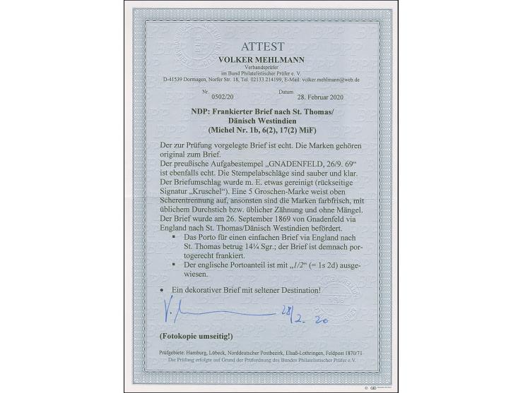 ¼ Gr. bräunlichlila und 5 Gr. ocker im senkrechten Paar, in Mischfrankatur mit gezähnter Ausgabe 2 Gr. ultramarin im waagerec