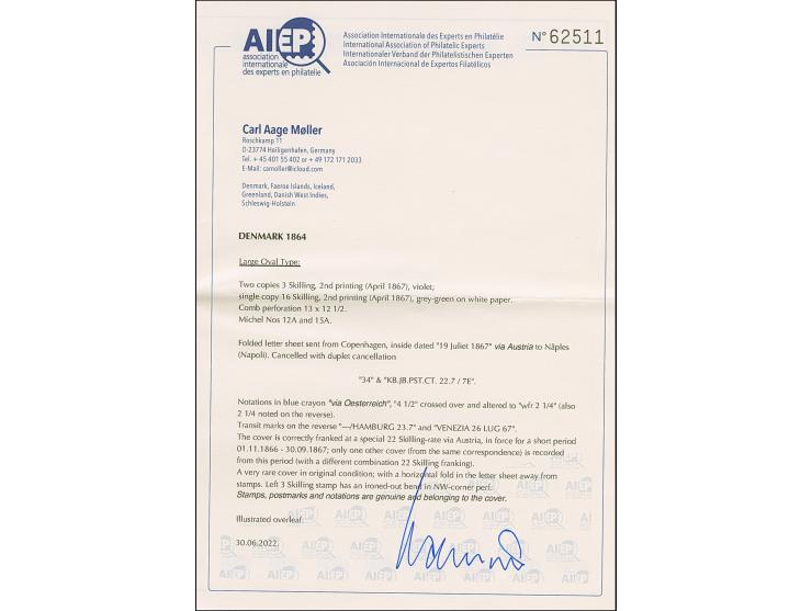 1864, 16 sk. olive and two copies 3 sk. lilac, all nice fresh colour, tied by duplex "39/KBH.JB.PSTCT 22 7" to letter sheet f