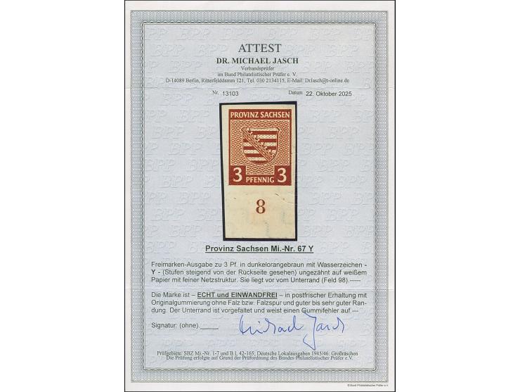 1945, Wappen 3 Pfg. mit Wasserzeichen “Stufen steigend”, Unterrandstück, allseits breitrandig und postfrisch. Marke tadellos,