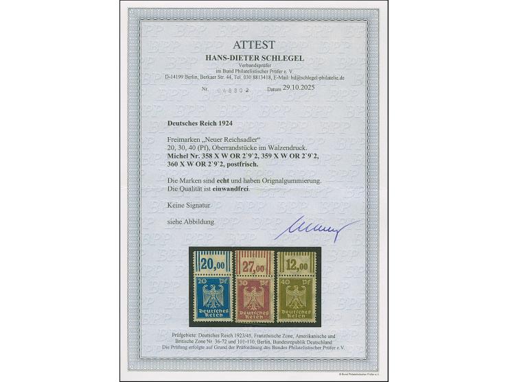 1924, Reichsadler 20-40 Pfg. jeweils mit Walzendruck-Oberrand mit der Konfiguaration “2'9'2”, postfrisch, in tadelloser Erhal