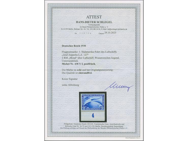 1930, Südamerikafahrt 2 Mark mit liegendem Wasserzeichen und Plattenfehler “Mond über Luftschiff” (Feld 49), Unterrandstück, 