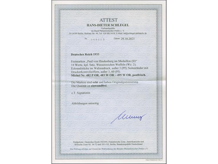 1933, Hindenburg 3-100 Pfg. mit Wasserzeichen 2, kompletter Satz mit Walzendruck-Oberrändern (3 Pfg. Plattendruck) und bis au