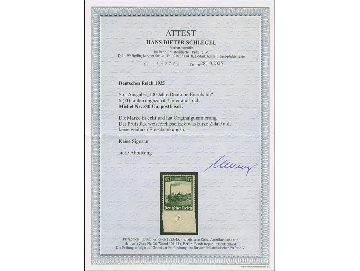 1935, Eisenbahn 6 Pfg. unten ungezähnt, Unterrandstück mit verkürzten Zähnen rechts, ansonsten in einwandfreier postfrischer 