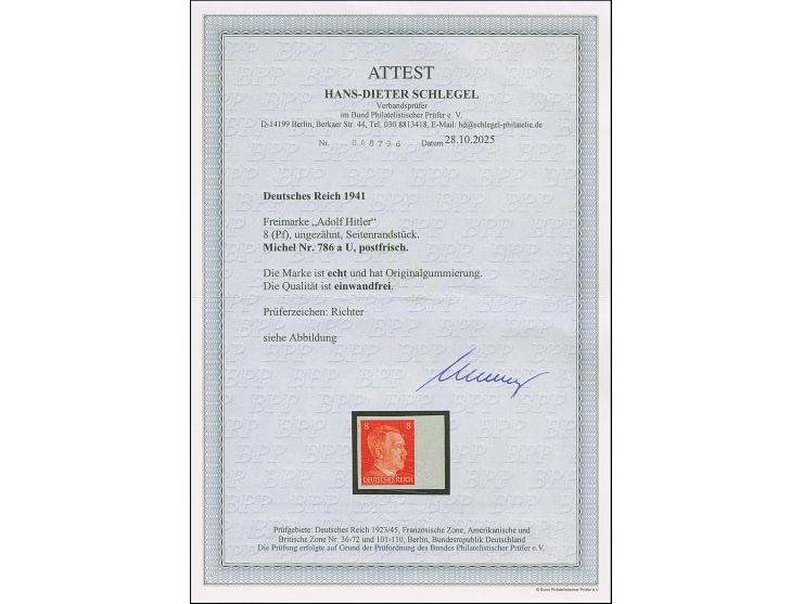 1941, Hitler 8 Pfg. ungezähnt, Randstück, postfrisch und in tadelloser Erhaltung. Randstücke dieser Abart sind selten, signie