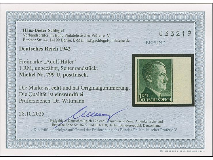 1942, Hitler 1 M. ungezähnt, Randstück, postfrisch und in tadelloser Erhaltung, signiert Dr. Wittmann und Fotoattest D. Schle
