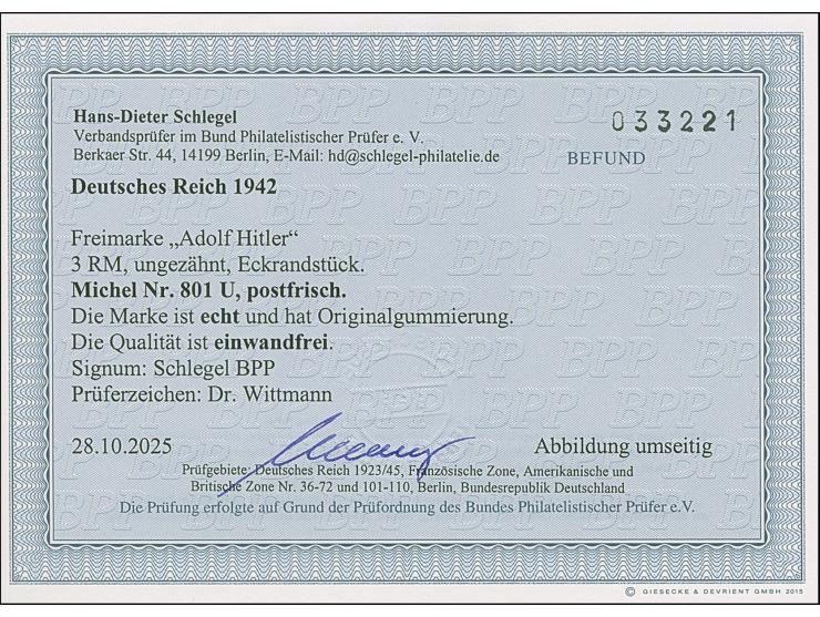 1942, Hitler 3 M. ungezähnt aus der rechten oberen Bogenecke, postfrisch und in tadelloser Erhaltung, signiert Schlegel BPP u