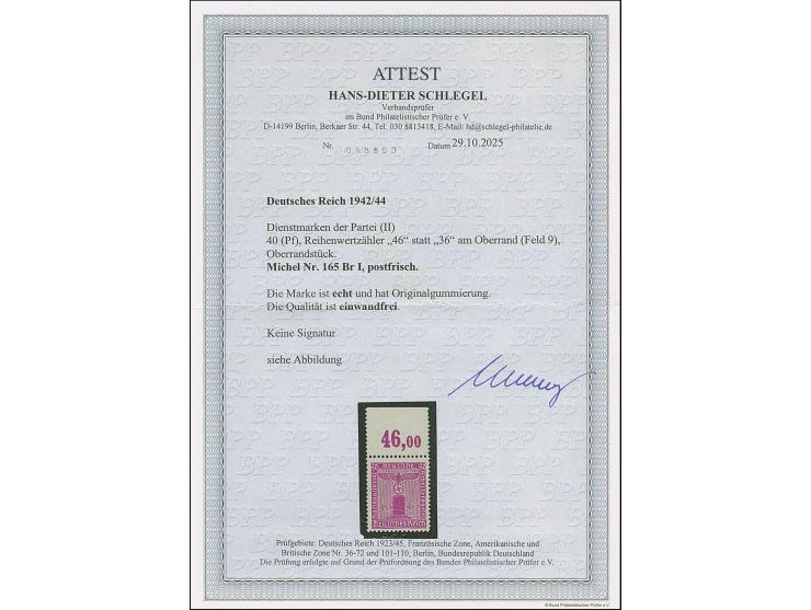 1942/44, Partei-Dienstmarke 40 Pfg. mit Plattendruck-Oberrand mit Reihenwertzahl-Abart “46” statt “36”. Die postfrische Marke
