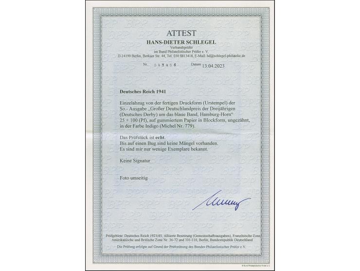 1941, Blaues Band 25 Pfg. Probedruck ungezähnt in dunkelviolett-ultramarin als Einzelabzug auf weißem Papier im Blockformat (