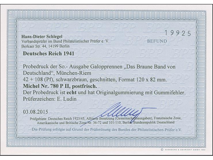 1941, Braunes Band 42 Pfg. als ungezähnter Probedruck in den Originalfarben, als Einzelabzug auf weißem Papier im Blockformat