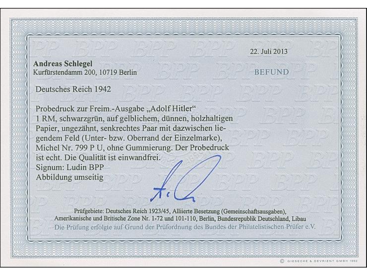 1942, Hitler 1 M. Probedruck ungezähnt in Schwarzgrün im senkrechten Zwischenstegpaar auf dünnem, gelblichem, holzartigem Pap