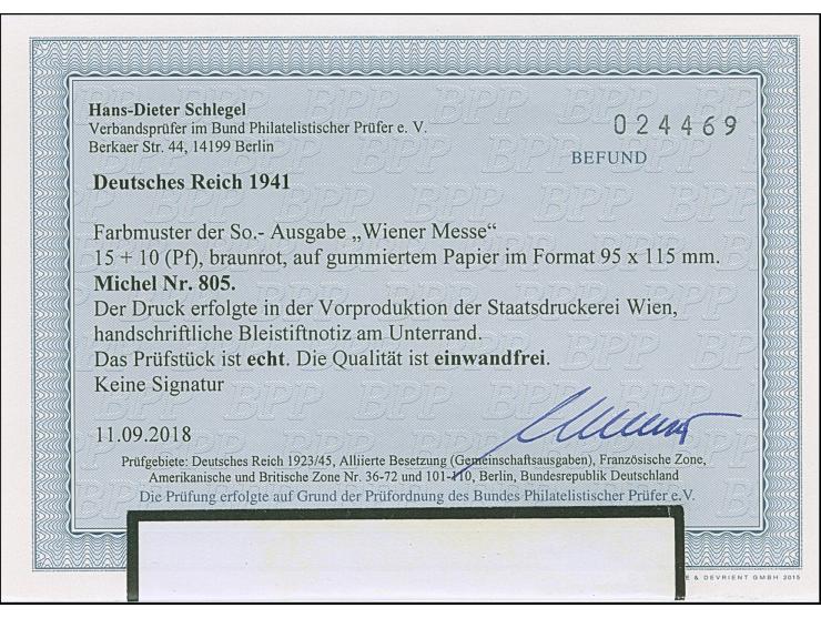 1941, Wiener Messe 15 Pfg. als ungezähnter Probedruck in Braunrot als Einzelabzug im Blockformat (95 x 115 mm) mit Bleistiftv