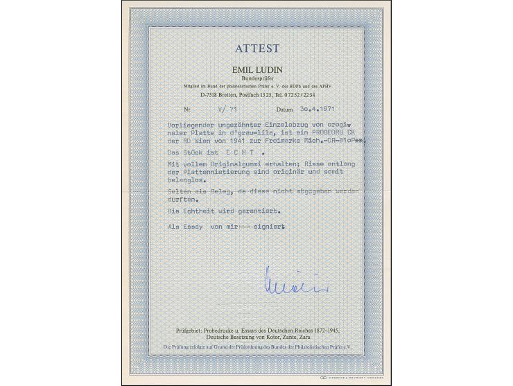 1941, Mozart 6 Pfg. als ungezähnter Probedruck in Dunkelbraunpurpur als Einzelabzug im Blockformat (89 x 139 mm), postfrisch,