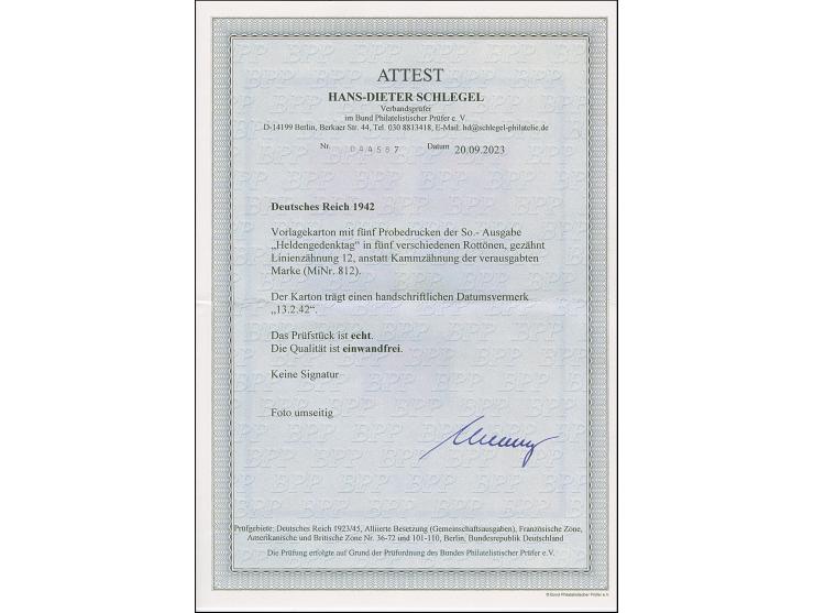1942, Heldengedenktag 12 Pfg. als Farb-Probedruck mit Linienzähnung, fünf Proben in verschiedenen Rottönen auf Vorlagekarton 