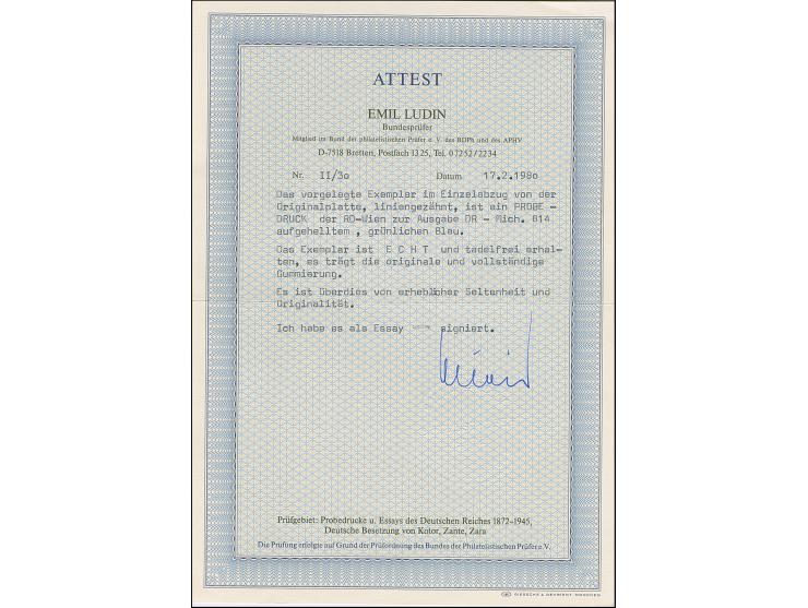 1942, Blaues Band 25 Pfg. als gezähnter Probedruck in Schwarzgrünblau mit durchgehender Linienzähnung als Einzelabzug im Bloc