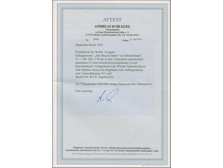 1942, Braunes Band 42 Pfg. als gezähnter Probedruck in Schwärzlichgraubraun (2x) bzw. in Schwärzlichorangebraun (2x) auf Vorl
