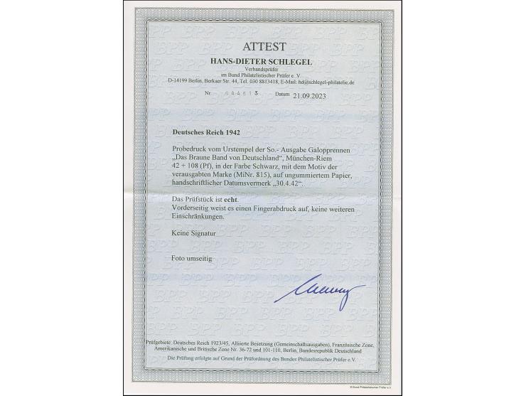 1942, Braunes Band 42 Pfg. als ungezähnter Probedruck in Schwarz als Einzelabzug im Blockformat (124 x 85 mm) mit Bleistiftda