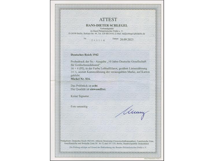 1942, Goldschmiedekunst 6 Pfg. als gezähnter Probedruck in Lebhaftlilarot mit Linienzähnung 14½ auf Vorlagekarton-Teil, in ei