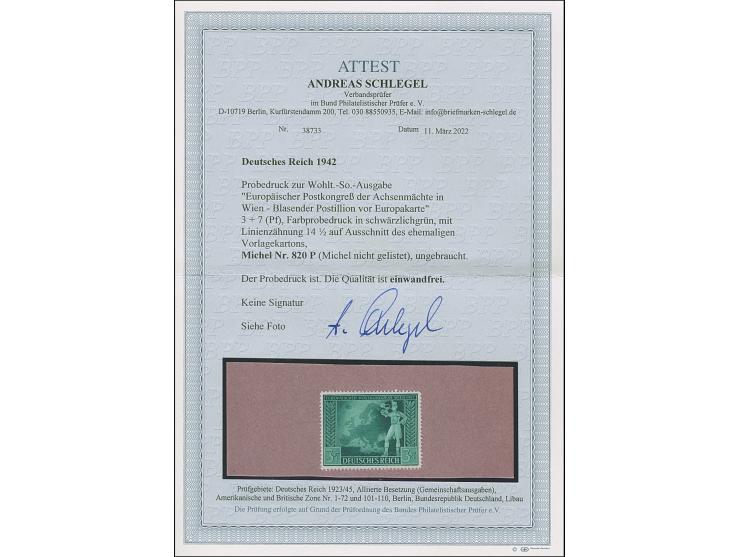 1942, Europäischer Postkongress 3 Pfg. als gezähnter Probedruck in Schwärzlichgrün mit Linienzähnung 14½ auf Vorlagekartontei