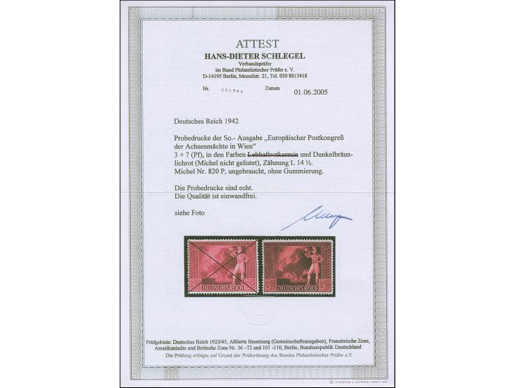 1942, Europäischer Postkongress 3 Pfg. &nbsp;als gezähnter Probedruck in Dunkelbräunlichrot mit Linienzähnung 14½, ungebrauch