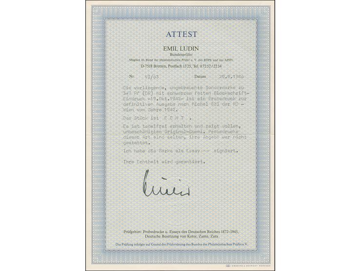 1942, Europäischer Post- und Fernmeldeverein 3 Pfg. als gezähnter Probedruck mit Blockschrift-Aufdruck “19.OKT.1942”, postfri