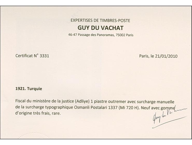 1921, Court fiscal stamp 1 pia. ultramarin with 1337 handstamped overprint, unused, fine and scarce, certificate du Vachat (2