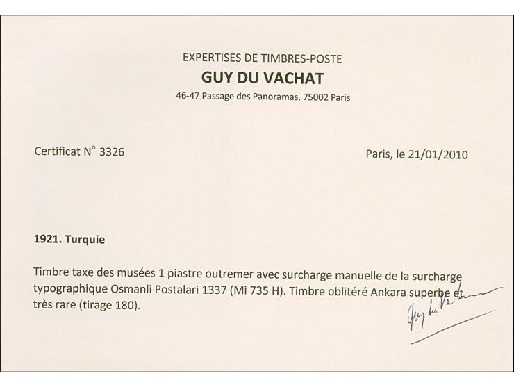 1921, Museum 1 pia. ultramarine handstamped 1337, used with part cancellation of 'ANKARA 8', light crease, otherwise fine and