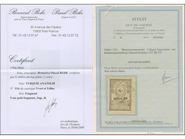 1921, Museum 5 pia. dull violet 1337 handstamped, tied by 'ANGORA' cds. to piece, not cut and very fine. Important rarity of 