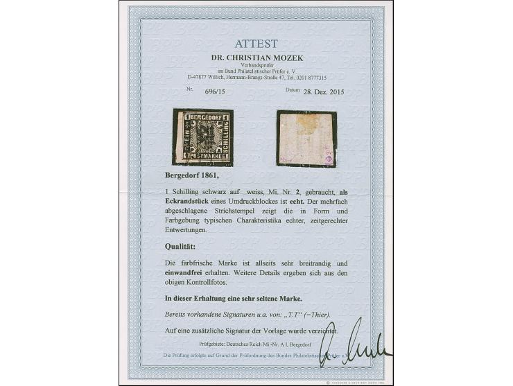 1861, 1 Sch. schwarz, allseits breitrandig, aus der Bogenecke eines Umdruckblockes stammend, mit ca. 1-2 mm Bogenrändern, sau