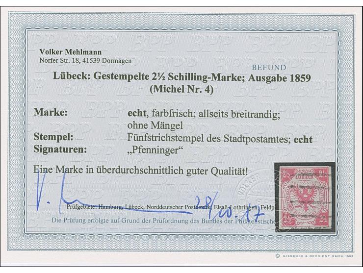 2½  Sch. mittelmagenta, farbfrisch und allseits breitrandig, sauber entwertet durch Strichstempel. Tadellos. Fotobefund Mehlm