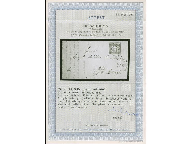 9 Kr. lilarot, farbfrisch und gut gezähnt, mit DKr. "STUTTGART 15 DEZB. 1862", auf komplettem Faltbrief (Anzeigenrechnung des