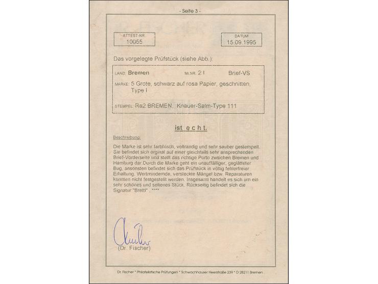 1856, 5 Grote auf karmingrau, farbfrisch und allseits breitrandig, mit klar aufgesetztem Ra2 "BREMEN 20 4" auf Briefvordersei