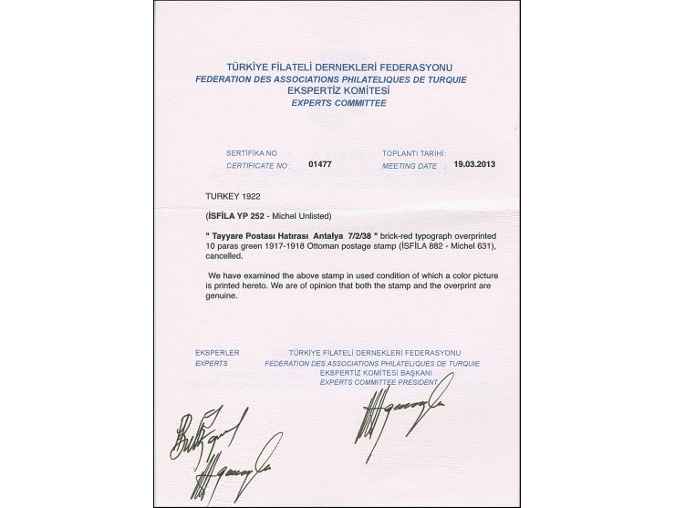 1922, TURKEY NI ASIA : ANTALYA AIR MAIL Souvenir issue 10 pa. green with red aviation overprint ‘Antalya 7.3.38’, light cance