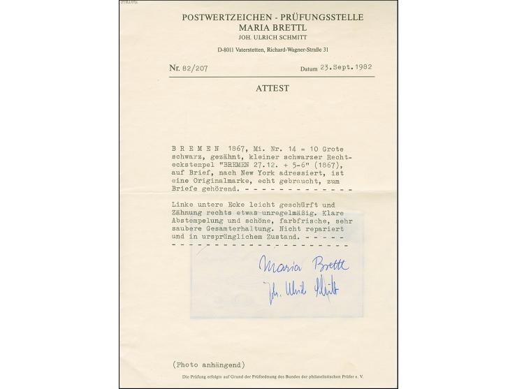 10 Grote schwarz, farbfrisch und gut bis ausgabetypisch gezähnt, mit sauber aufgesetztem kleinen Ra2 "BREMEN 27 12" (1867) au