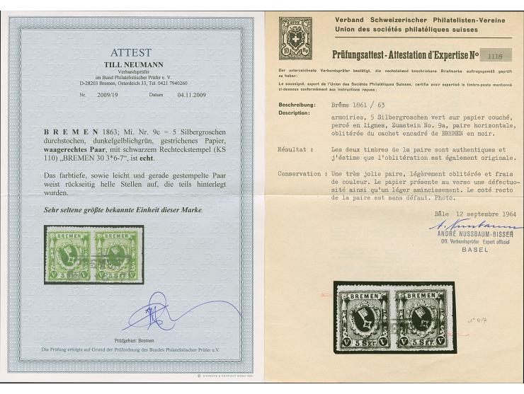 5 Sgr. dunkelgelblichgrün auf gestrichenem Papier, waagerechtes Paar, farbfrisch und üblich durchstochen, leicht entwertet du