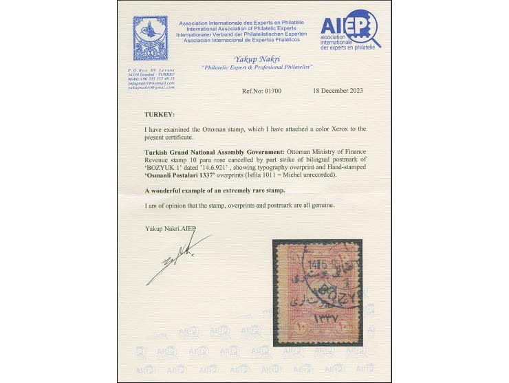 1921, Finance Fiscal 10 pa. rose handstamped 1337 additional to typo overprint, good perfs, clear cancelled ‘BOZYÜK 14.6.921’