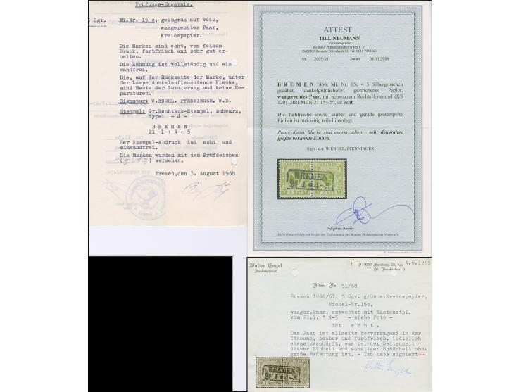 5 Sgr. dunkelgrünlicholiv auf gestrichenem Papier, waagerechtes Paar, farbfrisch und gut gezähnt, sauber entwertet durch zent