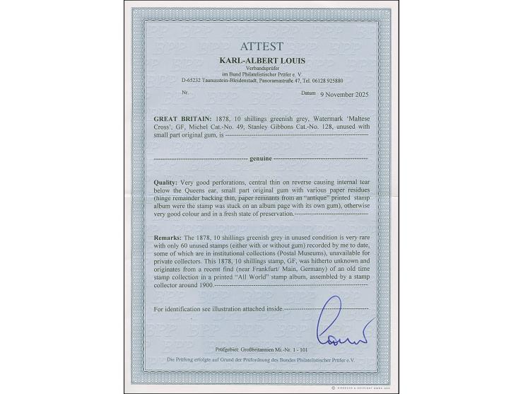 1878, wm 'Maltese Cross', 10 s. greenish-gray, GF, bright fresh colour, very good perforations, unused with part original gum