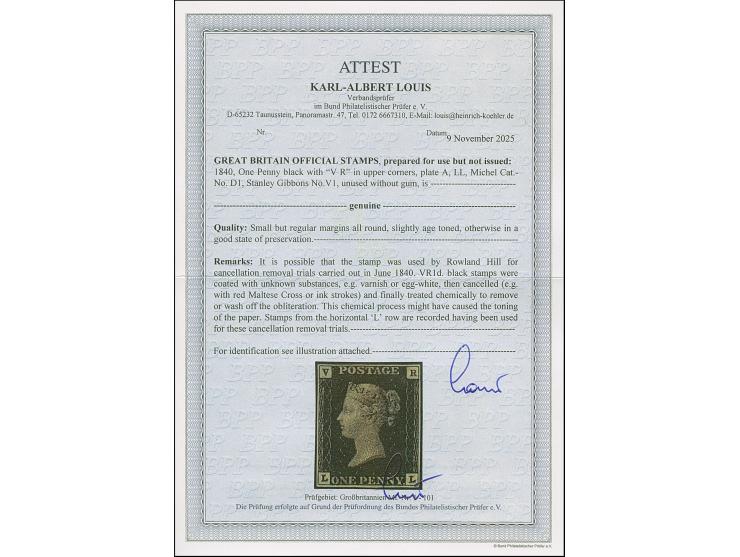 OFFICIALS: 1840, Unissued "VR" 1 d. black, LL, small but regular margins all around, unused without gum, slightly toned, othe