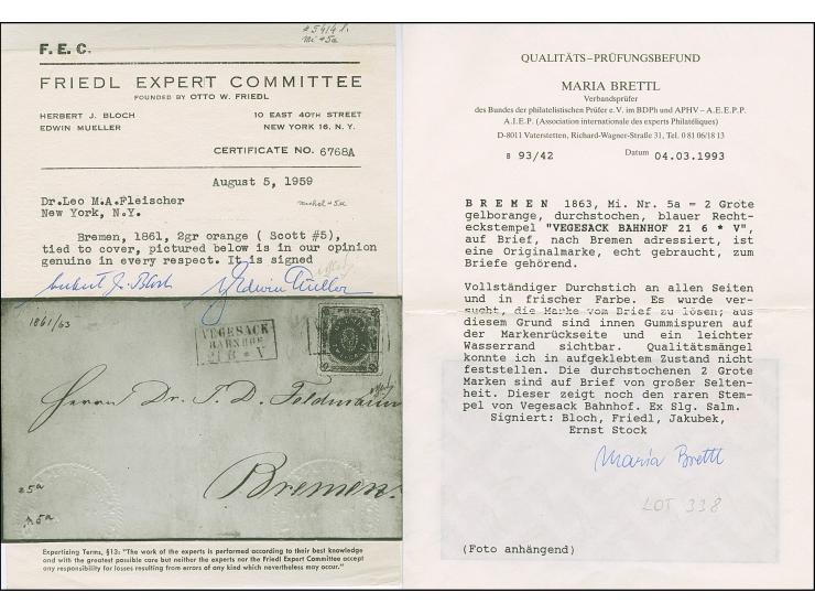 1863, 2 Grote gelborange, farbfrisch und ausgabetypisch durchstochen, mit sauber auf- und nebengesetztem blauem Ra3 "VEGESACK